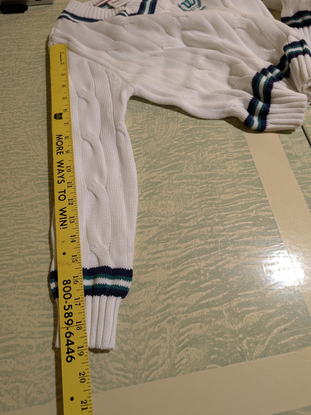 Wilson Women's White Cable-Knit V-Neck Sweater with Green & Navy Trim - Picture 7 of 7